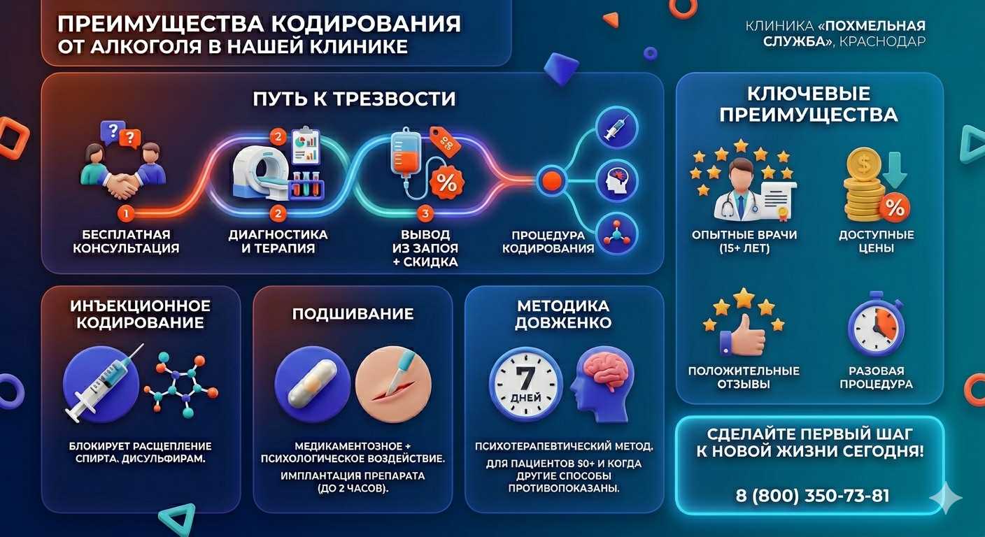 Инфографика о методах кодирования от алкоголя в Пролетарске: инъекции, подшивание, метод Довженко. Преимущества клиники и этапы лечения.
