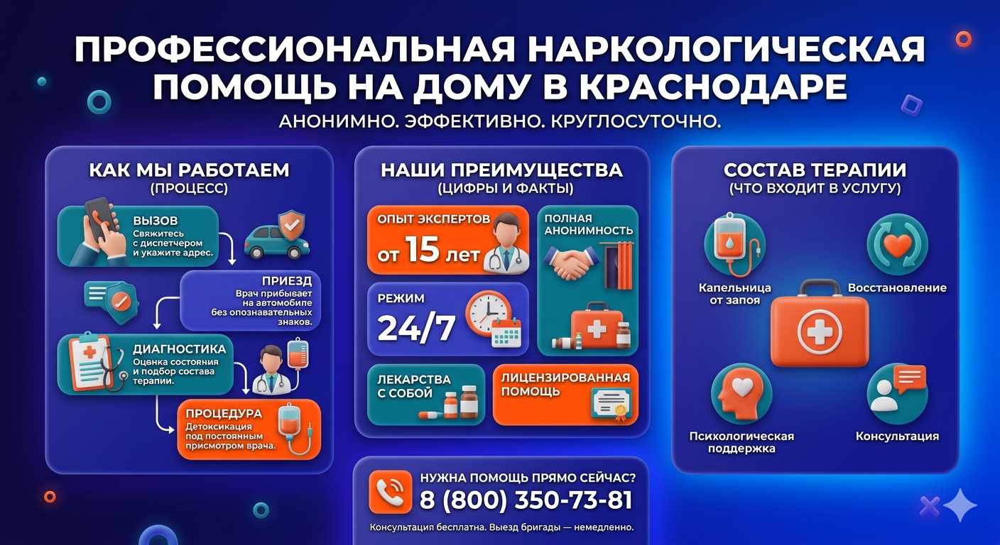 Инфографика о принципах лечения алкоголизма на дому в Пролетарске: этапы вызова нарколога, преимущества анонимной детоксикации и состав медицинской помощи.